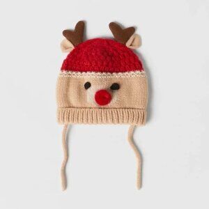 NWT New Zara Knit Reindeer Double Layered Hat With Ties Size 1-3 Years